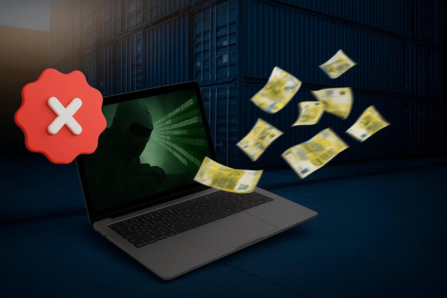 Ein Laptop aus dem Geldscheine fliegen, im Hintergrund ist ein Containerlager zu sehen | Dennis Bischoff erklärt, wie Sie Seecontainer bei einem seriösen Händler kaufen und Fakeshops erkennen